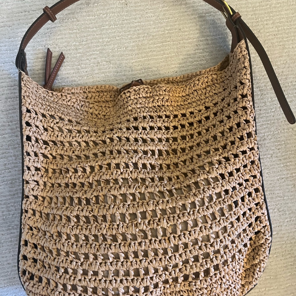 Mango Woven Straw Shoulder Bag with Brown Leather Strap